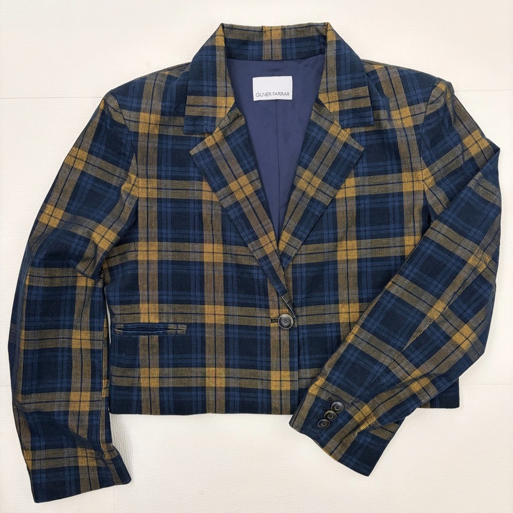 Gilner Farrar Anthropologie Cropped Blazer Plaid Corduroy Jacket Blue Small